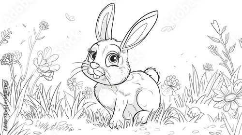 Hand drawn rabbit cute coloring book illustration. Rabbit cute animal vector and coloring page image.