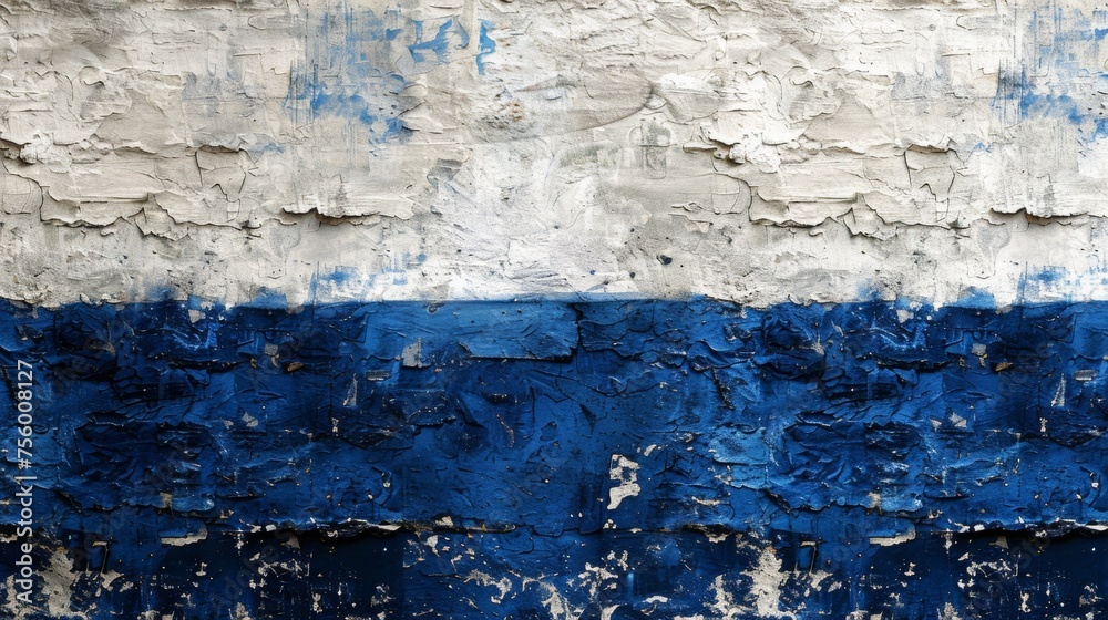 A blue and white paint on a wall with an old clock, AI