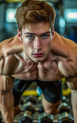 Man Performing Push Ups in a Gym. Generative AI © Uolir