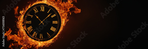 A fire-wrapped clock on the right side of a poster with a black background