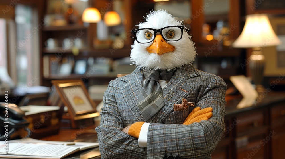 A stuffed bird wearing a suit and tie with glasses, AI - obrazy, fototapety, plakaty 