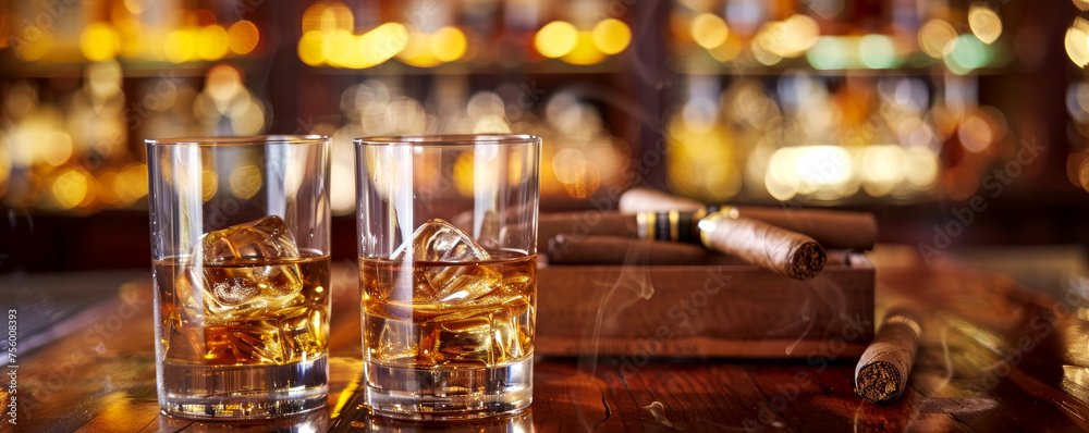 a glass of strong whiskey with ice and cigars stand on a wooden bar counter against the background of the bar