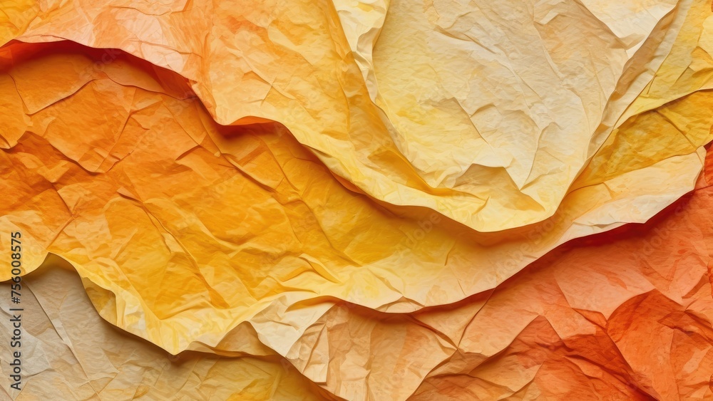 Crumpled paper texture, strokes of yellow and orange aquarelle paints, blending of hues, softened edges, watercolor on textured surface, abstract background, close-up perspective, high-resolution