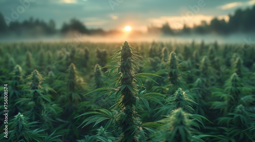 Cannabis or marijuana outdoors plantation growing on the mountains. Wide angle photo
