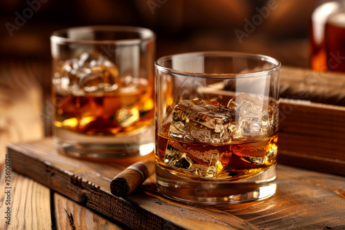 a glass of strong whiskey with ice and cigars stand on a wooden bar counter against the background of the bar © MK studio