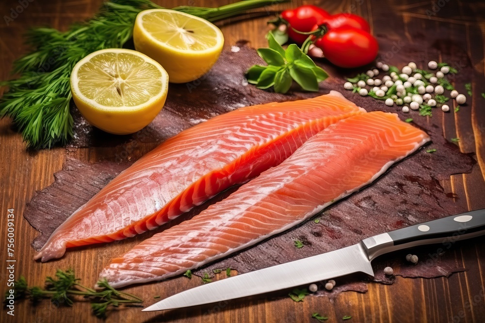 Fresh Salmon Preparation with Lemon and Herbs on Wooden Table Fresh Salmon Preparation with Lemon and Herbs on Wooden Table