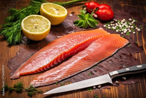 Fresh Salmon Preparation with Lemon and Herbs on Wooden Table
