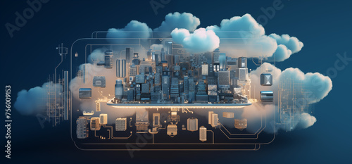 Cloud Computing, Abstrakte Darstellung einer vernetzten Welt durch Cloud Technologie, Banner Netzwerk