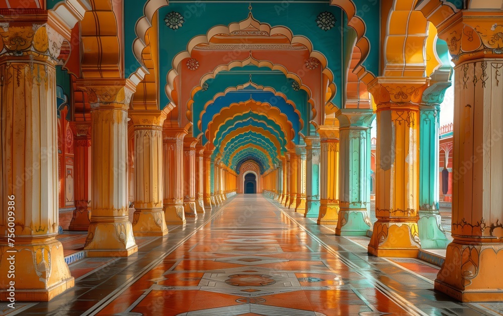 Fototapeta premium corridoio di tempio indiano dai colori pastello turchese e arancio