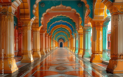 corridoio di tempio indiano dai colori pastello turchese e arancio photo