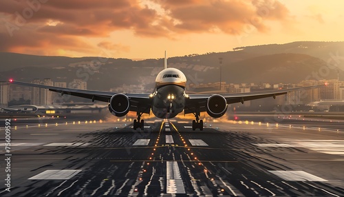 A large jet plane takes off or lands from an airport runway at sunset