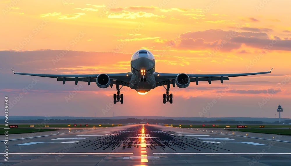 Naklejka premium A large jet plane takes off or lands from an airport runway at sunset