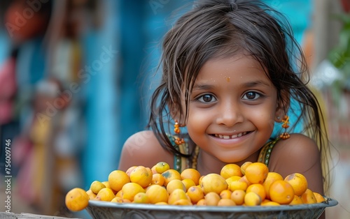 bambina indiana sorridente davanti ad un piatto di frutti gialli photo