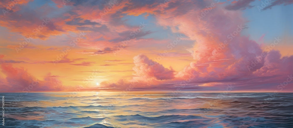 A stunning art piece capturing the afterglow of a sunset over the ocean. The liquid reflection of the sky and clouds creates a beautiful natural landscape in the dusk atmosphere