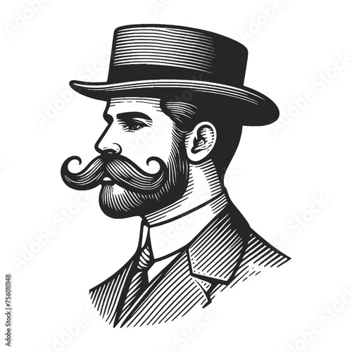 Old fashioned gentleman with mustache and hat sketch engraving generative ai fictional character vector illustration. Scratch board imitation. Black and white image.