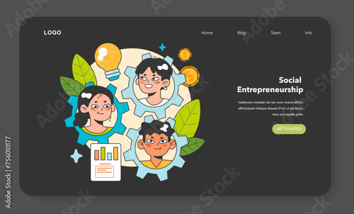 Social entrepreneurship night or dark mode web banner or landing