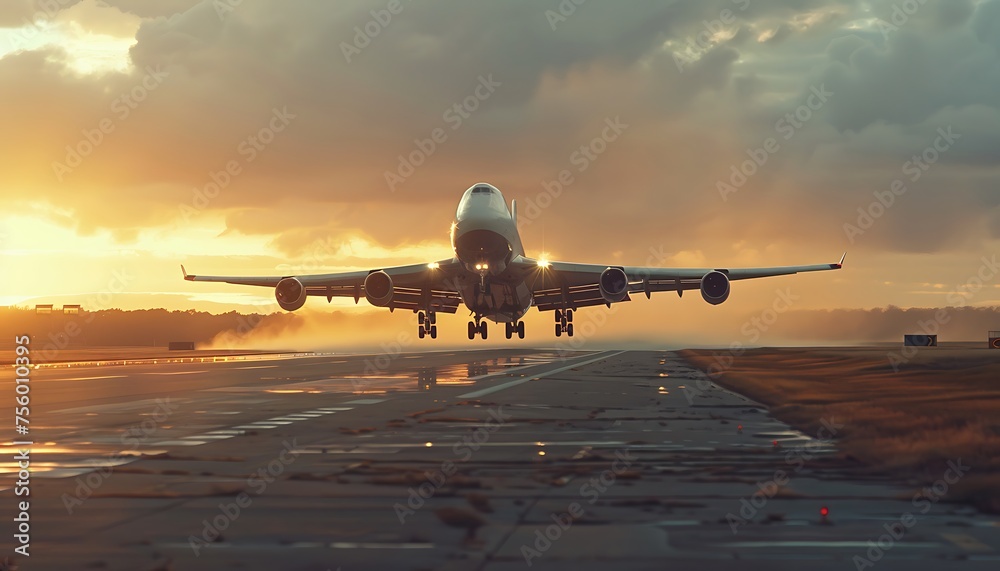 A large jet plane takes off or lands from an airport runway at sunset - obrazy, fototapety, plakaty 