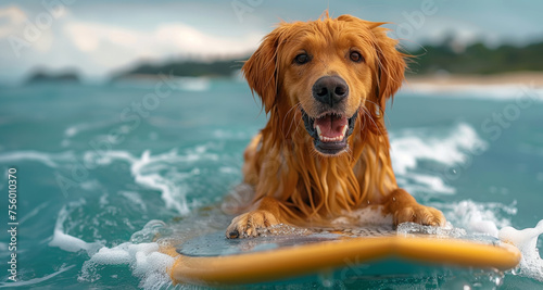 Joyful golden retriever mastering the waves on a surfboard, capturing the essence of beach adventures. Generative AI.   © NILSEN Studio