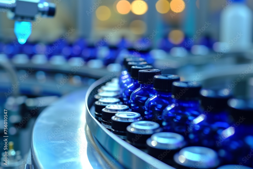 bottles of medicine on a conveyor belt in a pharmaceutical factory - obrazy, fototapety, plakaty 