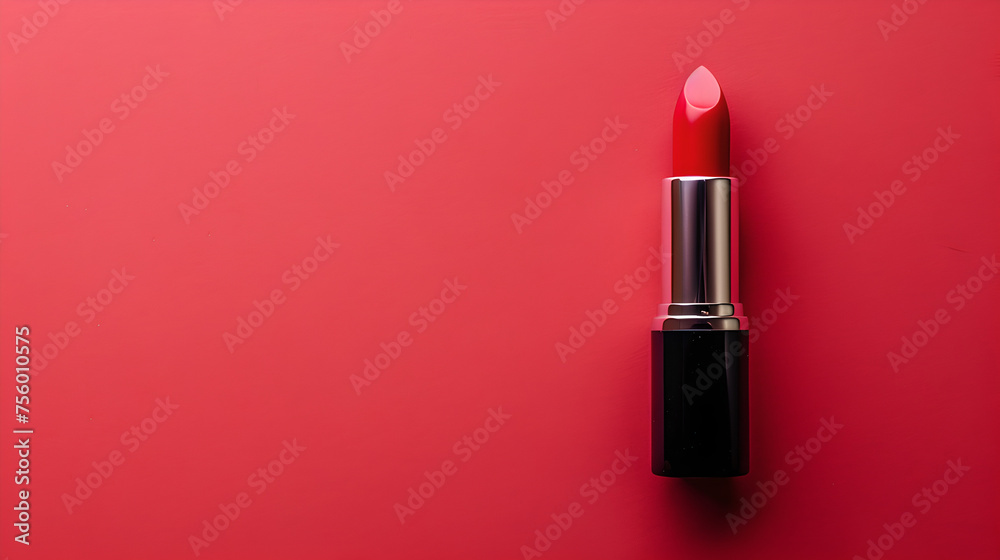 open red lipstick on side of pastel colored light red background with copy space open red lipstick on side of pastel colored light red background with copy space