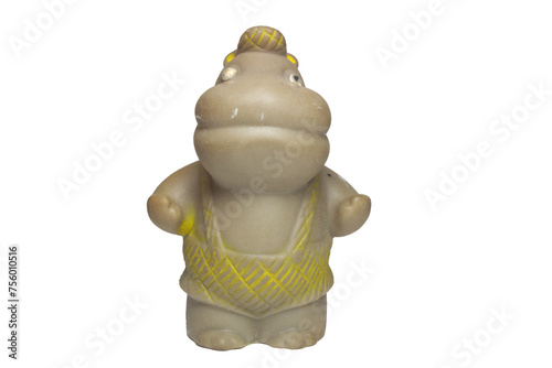 squeaker toy for children. vintage rubber hippo in sleeveless jumpsuit with short pants and newsboy plaid beret. On white background photo