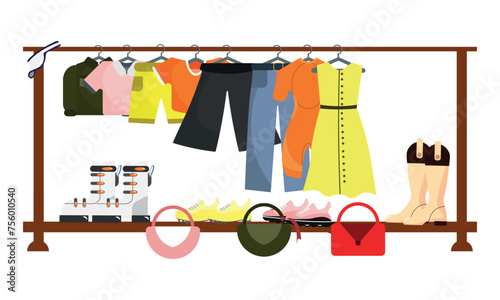 Vector illustration of a hanger rack with clothes. Cartoon scene of a rack with clothes: t-shirts, shorts, pants, a dress, boots, sneakers, bags of different shapes isolated on a white background.