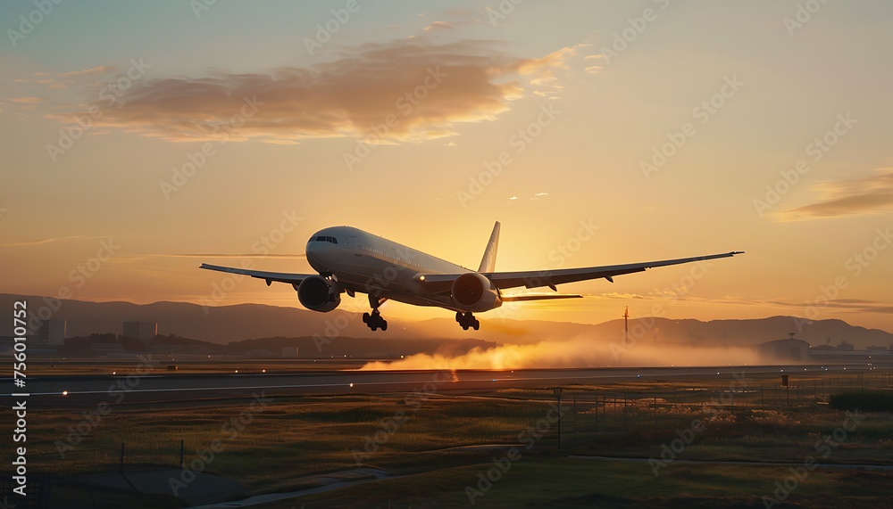 A large jet plane takes off or lands from an airport runway at sunset