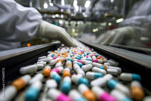 close up of medicinal pills and capsules on a conveyor belt in a pharmaceutical factory