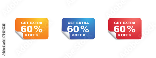 Get extra 60 percent off your purchase, square sticker with offer, set of colorful square advertising stickers, with save 60 percent, vector illustration.