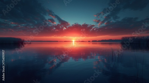 A sunset over a calm body of water with grasses and trees  AI