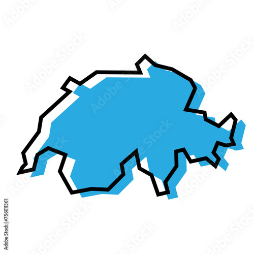 Switzerland country simplified map. Blue silhouette with thick black contour outline isolated on white background. Simple vector icon