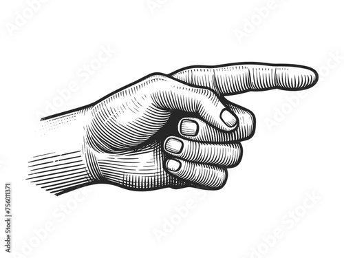Hand pointer with forefinger index finger sketch engraving generative ai fictional character vector illustration. Scratch board imitation. Black and white image.