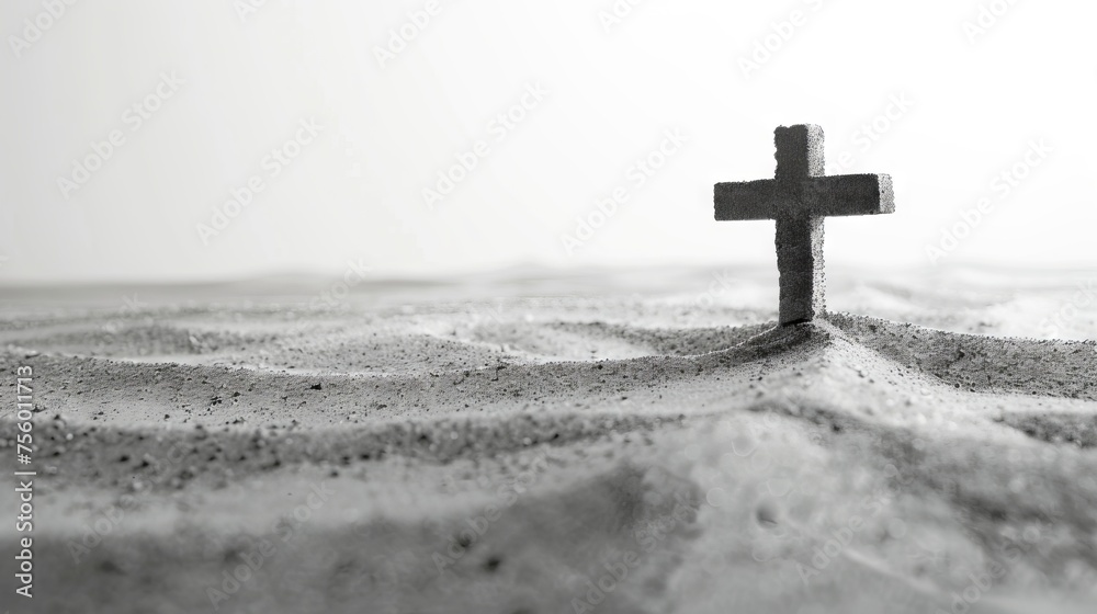 Simple black cross in a minimalist landscape. Concept of Christian rituals, religious, Easter, ash Wednesday, resurrection, funeral, liturgy, natural burial, memorial. grave, tomb. Copy space