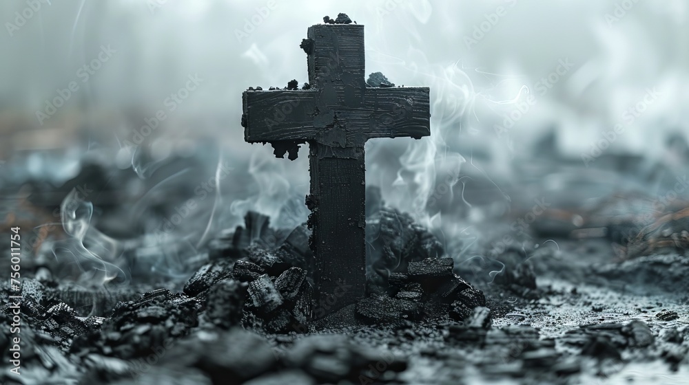 Black ash cross on the ground. Concept of spirituality, Christian rituals, faith, religious, Easter celebration, Lent, ash Wednesday, resurrection, cremation, funeral, liturgy.