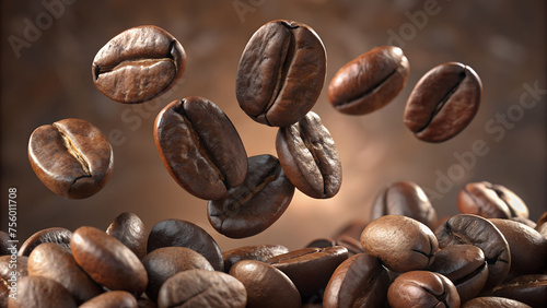 Falling roasted coffee bean close up