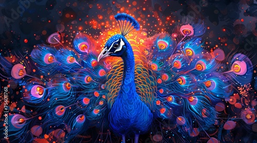 Vibrant colorful peacock with bright open tail. Concept of wildlife beauty, ornithology, bird watching, exotic fauna. Dark background. DMT art style illustration of a peacock
