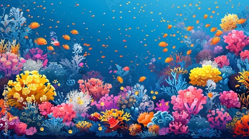 Colorful bright underwater coral landscape. Vibrant coral reef in ocean waters. Artwork. Concept of marine life, underwater biodiversity, tropical ecosystem, and natural aquarium. Digital illustration