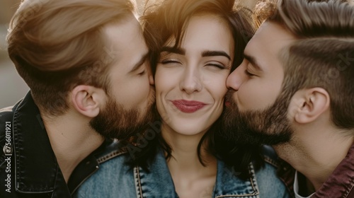 Brunette woman with closed eyes being kissed by men. Concept of love, affection, romantic relationships, love triangle, intimate moments, and emotional intimacy.