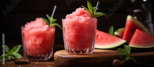 Wallpaper Mural Two glasses of refreshing watermelon smoothies with straws, made from Citrullus fruit, a natural and hydrating drink, placed on a wooden table Torontodigital.ca