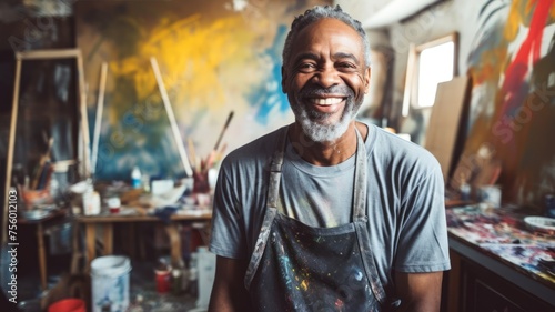 Mature African American man artist next to his artwork in an art studio. Concept of artistic talent, senior creativity, art therapy, interesting hobby, exciting leisure time, oil painting