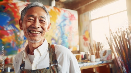 Elderly smiling Asian man artist next to his artwork in art studio. Concept of artistic talent, senior creativity, art therapy, interesting hobby, exciting leisure time, oil painting. Copy space