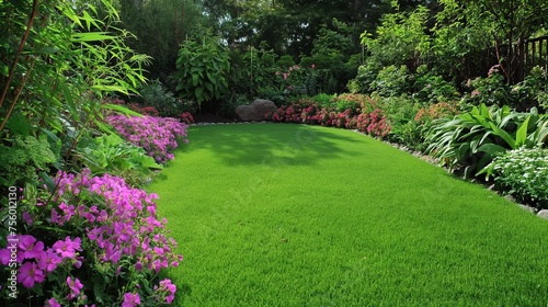 A lush green lawn is surrounded by vibrant purple flowers in full bloom, creating a colorful and eye-catching garden scene.