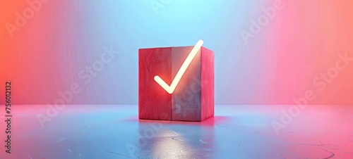 Glowing checkmark on a red cube, pastel blue red tones. Voting tick. Concept of positive response, agreeable choice, soft aesthetics, voting, election decisions, political choices, approval, selection