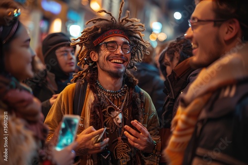 A group of young people dressed in festival were walking around the streets at night, smiling and talking to each other. 