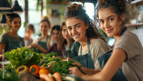 A group of young women in aprons are preparing fresh vegetables and ingredients for cooking.