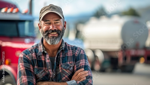 A smiling truck driver standing in front of his semitruck, with the focus on him and his confident expression. 