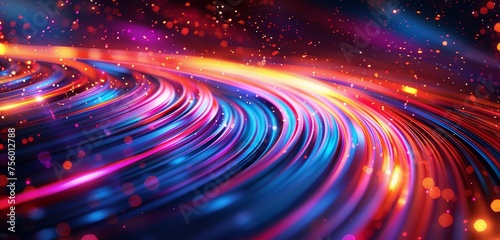 Abstract background with colorful light waves and glowing lines on a dark background, creating dynamic effects. 