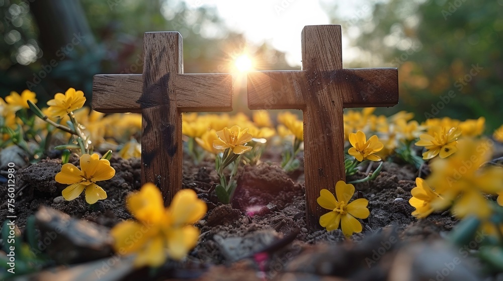 Two wooden crosses in a field of yellow flowers, AI