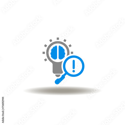 Vector illustration of lightbulb with brain and magnifier with exclamation mark. Icon of common mistakes. Symbol of brainstorming. Sign of ideas generation.