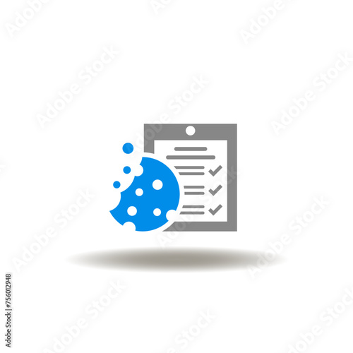 Vector illustration of checklist with cookie. Icon of cookies policy. Symbol of web communication procedures and technology.